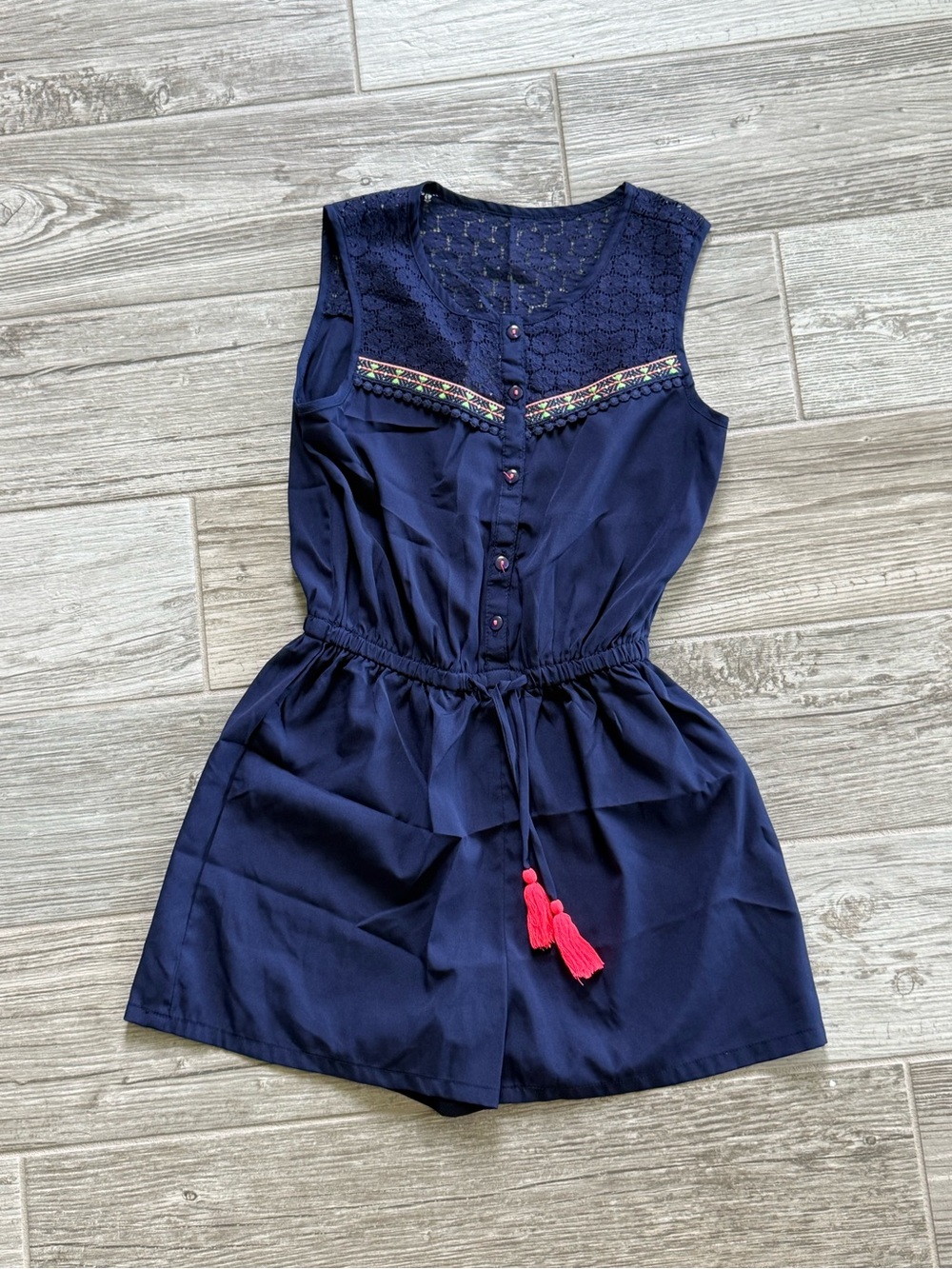 Navy Sleeveless Girls' jumper / romper with Embroidered Yoke - 12